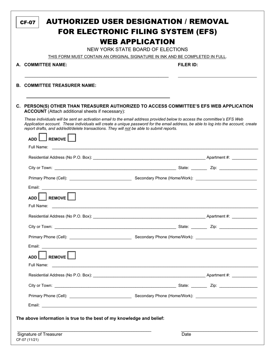 Form CF-07 Authorized User Designation / Removal for Electronic Filing System (Efs) Web Application - New York, Page 1