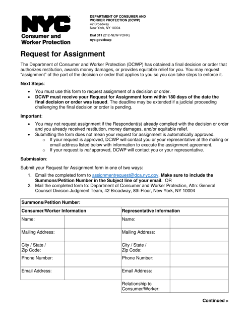 Request for Assignment - New York City Download Pdf