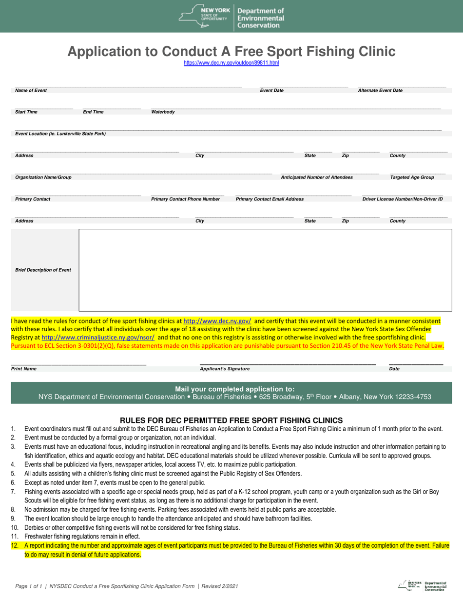 Application to Conduct a Free Sport Fishing Clinic - New York, Page 1