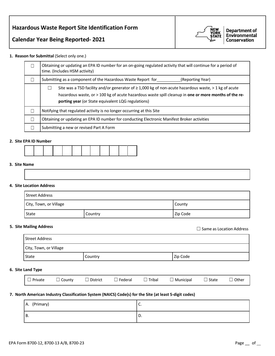 EPA Form 8700-12 (8700-13 A / B; 8700-23) Hazardous Waste Report Site Identification Form - New York, Page 1