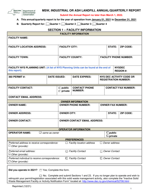 Msw, Industrial or Ash Landfill Annual / Quarterly Report - New York Download Pdf