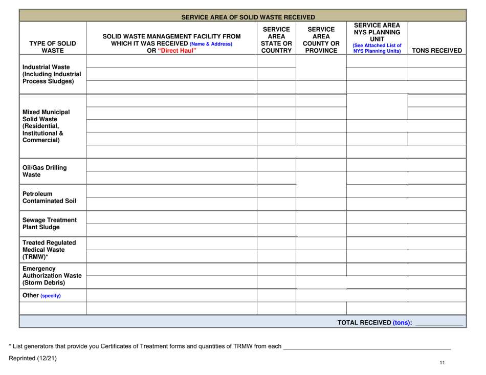 Msw, Industrial or Ash Landfill Annual / Quarterly Report - New York, Page 11