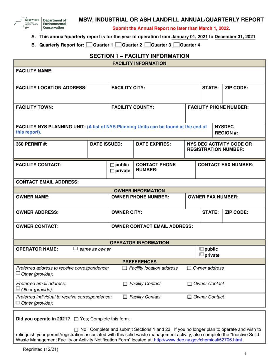 Msw, Industrial or Ash Landfill Annual / Quarterly Report - New York, Page 1