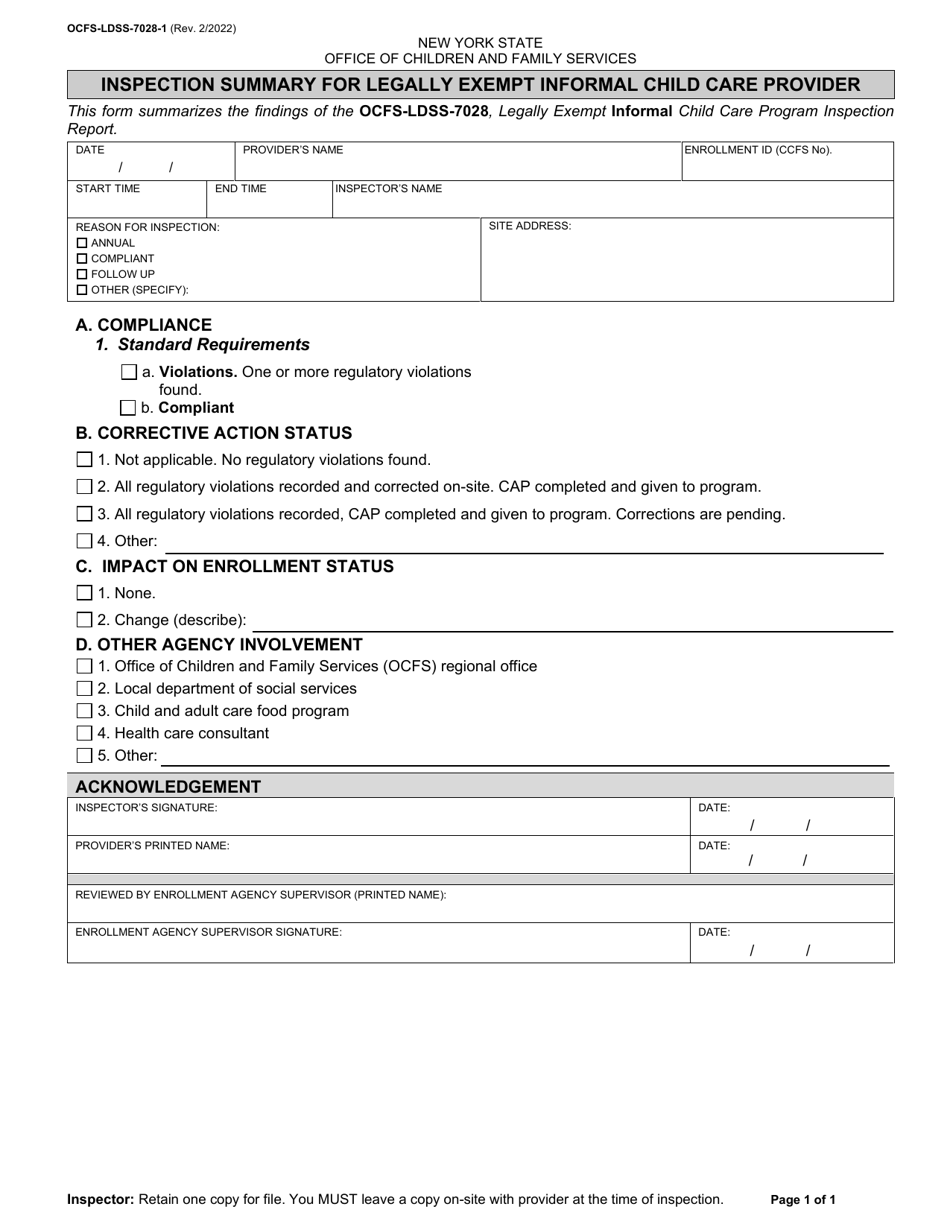 Form OCFS-LDSS-7028-1 Inspection Summary for Legally Exempt Informal Child Care Provider - New York, Page 1