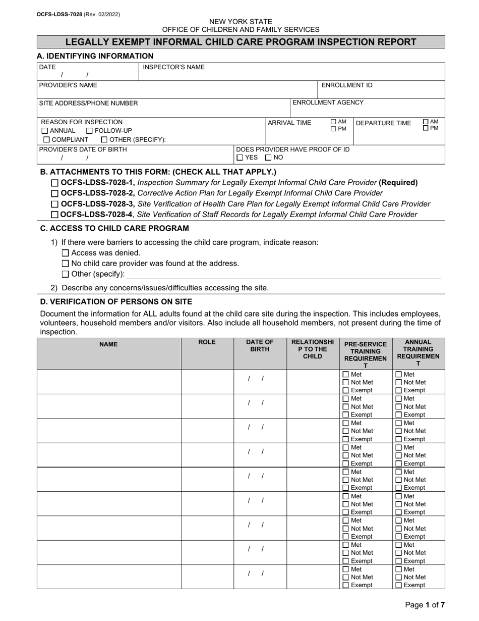 Form OCFS-LDSS-7028 Legally Exempt Informal Child Care Program Inspection Report - New York, Page 1