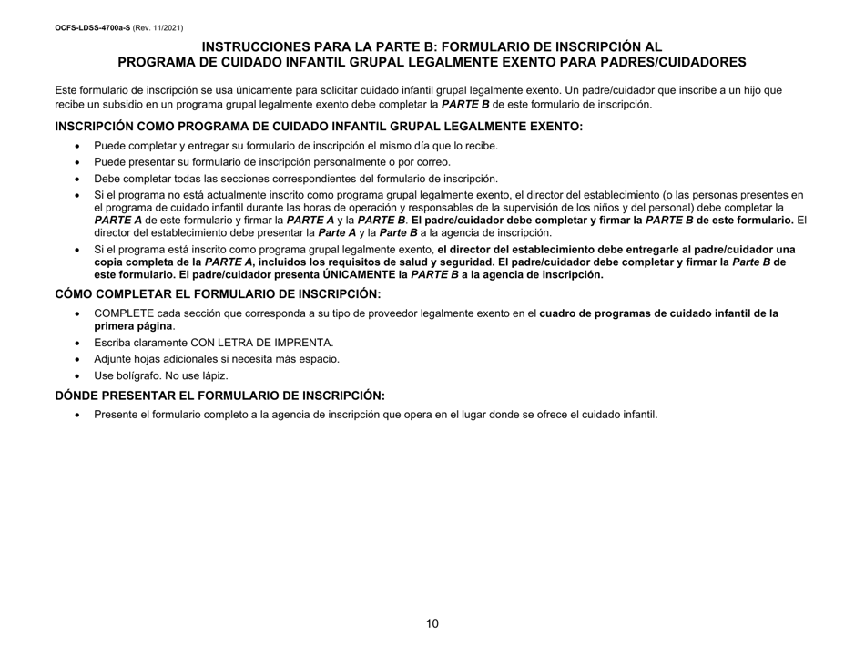 Instrucciones para Formulario OCFS-LDSS-4700-S Formulario De Inscripcion Al Programa De Cuidado Infantil Grupal Legalmente Exento - New York (Spanish), Page 10