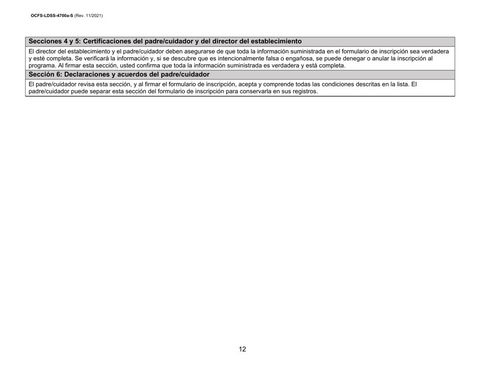 Instrucciones para Formulario OCFS-LDSS-4700-S Formulario De Inscripcion Al Programa De Cuidado Infantil Grupal Legalmente Exento - New York (Spanish), Page 12