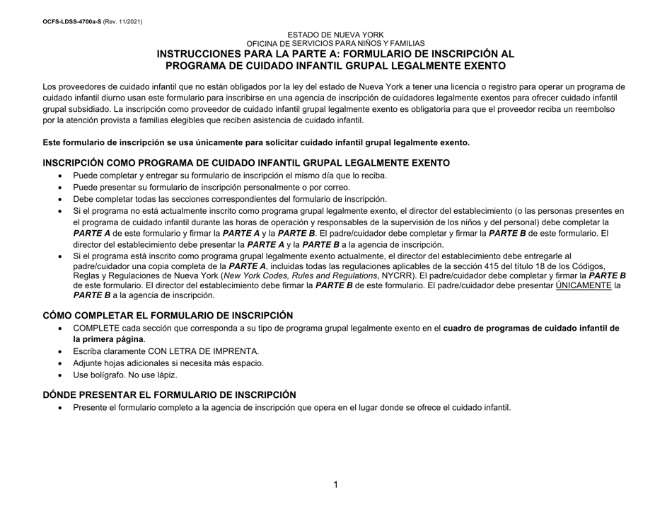 Instrucciones para Formulario OCFS-LDSS-4700-S Formulario De Inscripcion Al Programa De Cuidado Infantil Grupal Legalmente Exento - New York (Spanish), Page 1