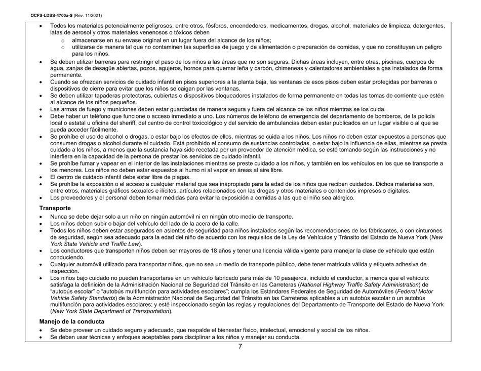 Instrucciones para Formulario OCFS-LDSS-4700-S Formulario De Inscripcion Al Programa De Cuidado Infantil Grupal Legalmente Exento - New York (Spanish), Page 7