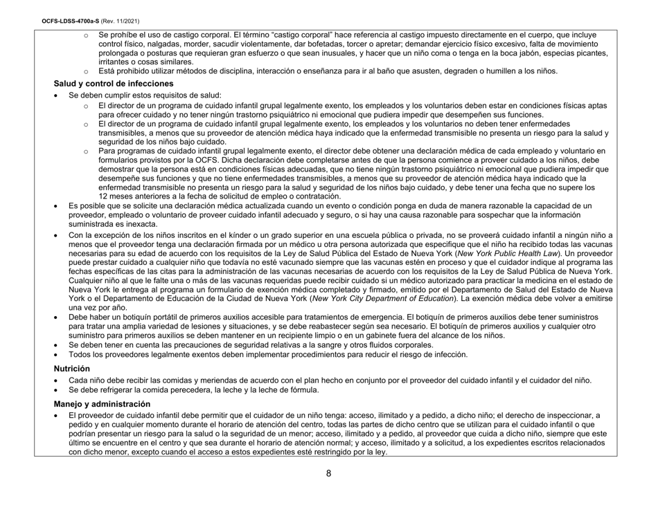 Instrucciones para Formulario OCFS-LDSS-4700-S Formulario De Inscripcion Al Programa De Cuidado Infantil Grupal Legalmente Exento - New York (Spanish), Page 8
