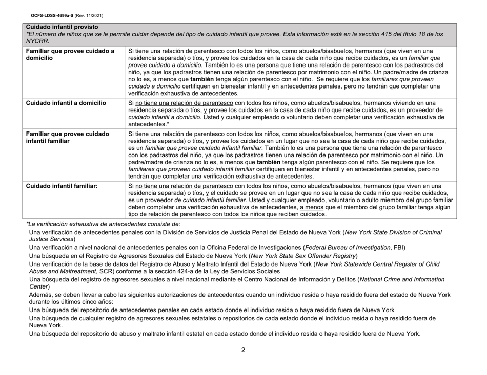 Instrucciones para Formulario OCFS-LDSS-4699-S Formulario De Inscripcion Para El Proveedor De Cuidado Infantil a Domicilio Legalmente Exento Y De Cuidado Infantil Familiar Legalmente Exento - New York (Spanish), Page 2