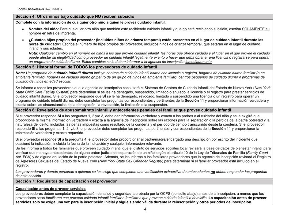 Instrucciones para Formulario OCFS-LDSS-4699-S Formulario De Inscripcion Para El Proveedor De Cuidado Infantil a Domicilio Legalmente Exento Y De Cuidado Infantil Familiar Legalmente Exento - New York (Spanish), Page 4