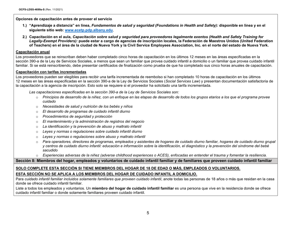 Instrucciones para Formulario OCFS-LDSS-4699-S Formulario De Inscripcion Para El Proveedor De Cuidado Infantil a Domicilio Legalmente Exento Y De Cuidado Infantil Familiar Legalmente Exento - New York (Spanish), Page 5