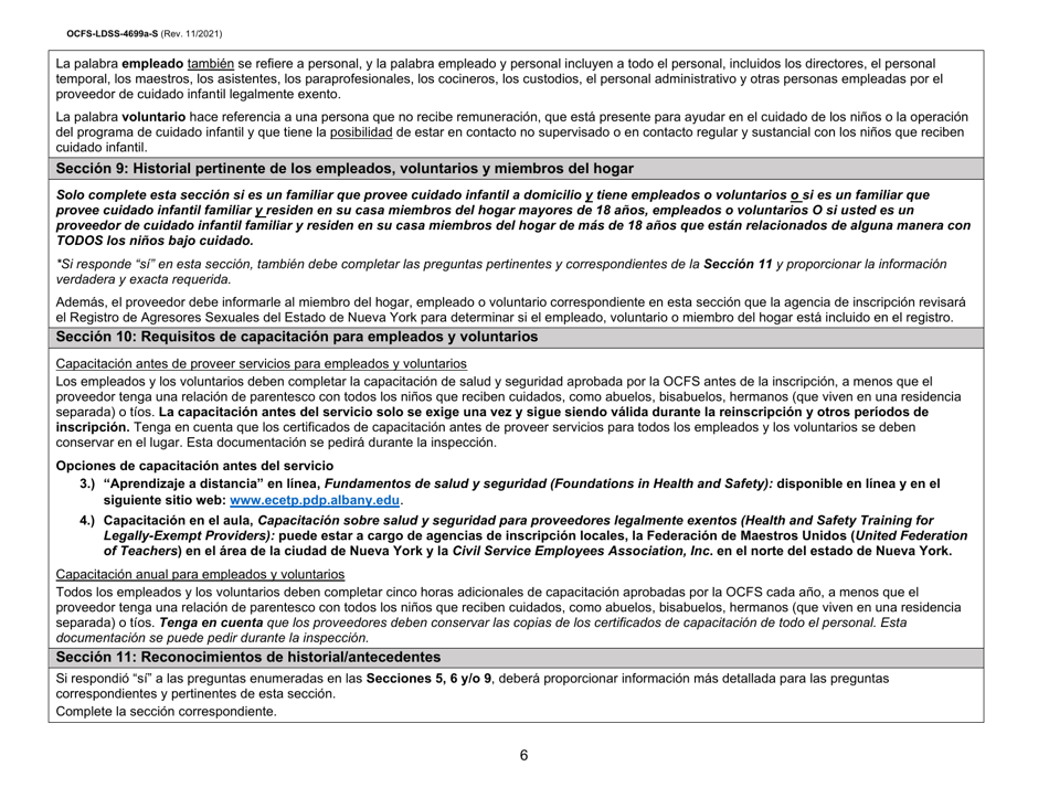 Instrucciones para Formulario OCFS-LDSS-4699-S Formulario De Inscripcion Para El Proveedor De Cuidado Infantil a Domicilio Legalmente Exento Y De Cuidado Infantil Familiar Legalmente Exento - New York (Spanish), Page 6
