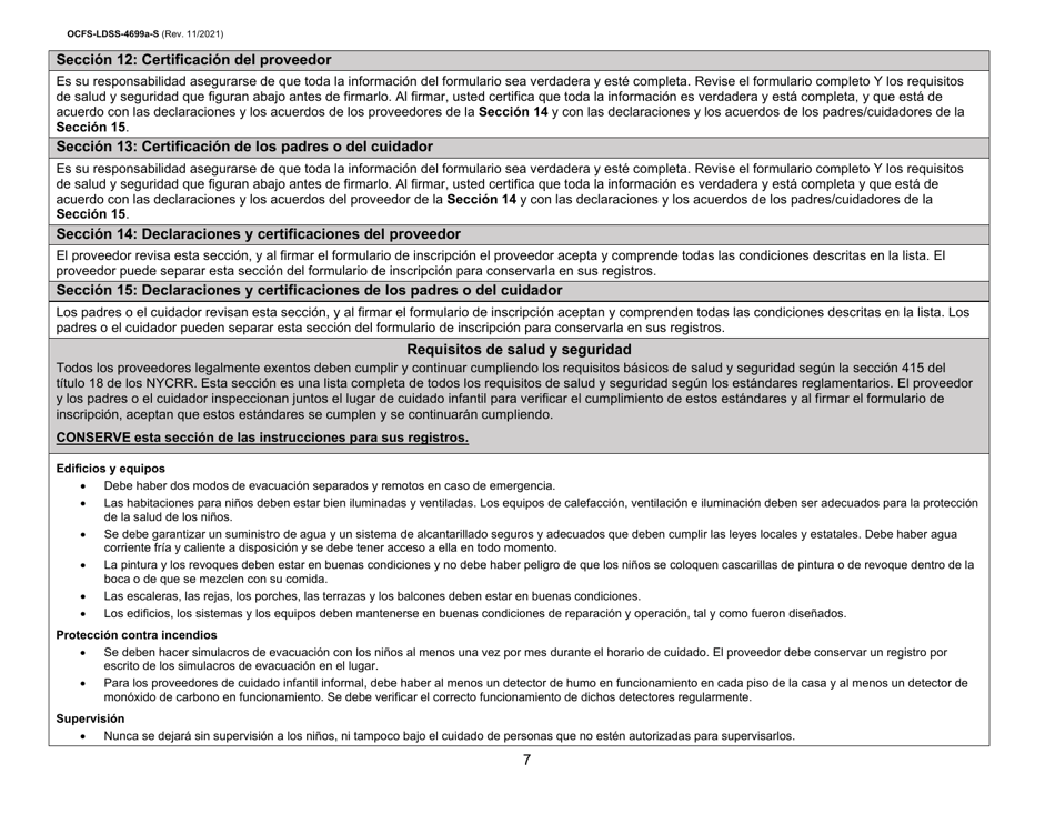 Instrucciones para Formulario OCFS-LDSS-4699-S Formulario De Inscripcion Para El Proveedor De Cuidado Infantil a Domicilio Legalmente Exento Y De Cuidado Infantil Familiar Legalmente Exento - New York (Spanish), Page 7
