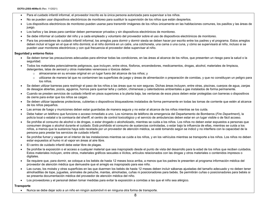Instrucciones para Formulario OCFS-LDSS-4699-S Formulario De Inscripcion Para El Proveedor De Cuidado Infantil a Domicilio Legalmente Exento Y De Cuidado Infantil Familiar Legalmente Exento - New York (Spanish), Page 8