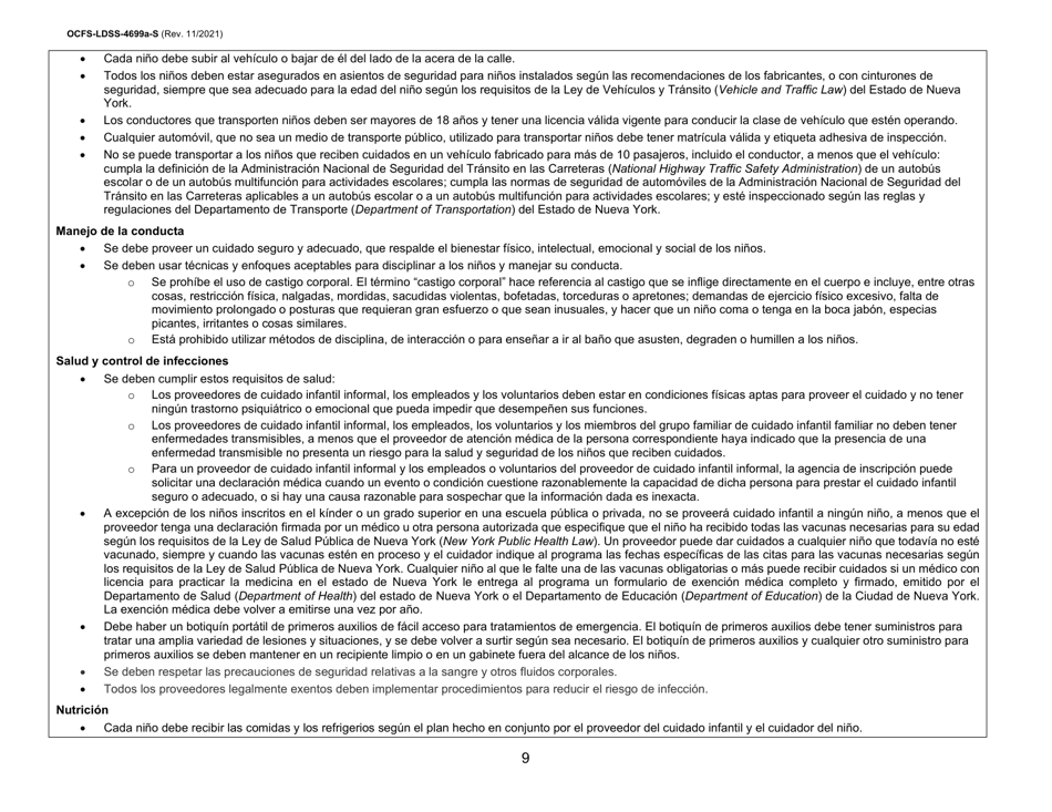 Instrucciones para Formulario OCFS-LDSS-4699-S Formulario De Inscripcion Para El Proveedor De Cuidado Infantil a Domicilio Legalmente Exento Y De Cuidado Infantil Familiar Legalmente Exento - New York (Spanish), Page 9