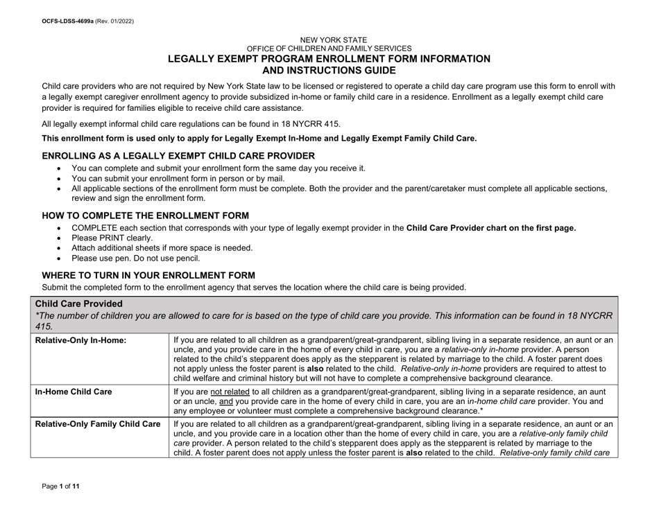 Instructions for Form OCFS-LDSS-4699 Enrollment Form for Provider of Legally Exempt in-Home Child Care and Legally Exempt Family Child Care - New York, Page 1
