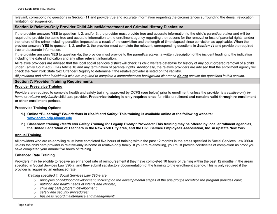 Instructions for Form OCFS-LDSS-4699 Enrollment Form for Provider of Legally Exempt in-Home Child Care and Legally Exempt Family Child Care - New York, Page 4