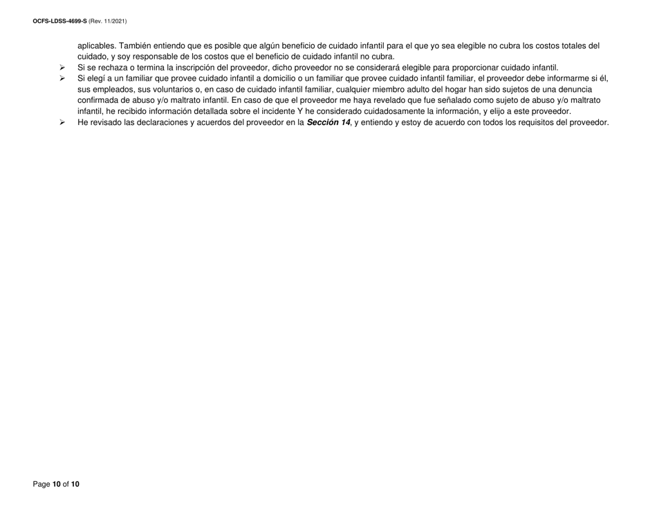 Formulario OCFS-LDSS-4699-S Formulario De Inscripcion Para El Proveedor De Cuidado Infantil a Domicilio Legalmente Exento Y De Cuidado Infantil Familiar Legalmente Exento - New York (Spanish), Page 10