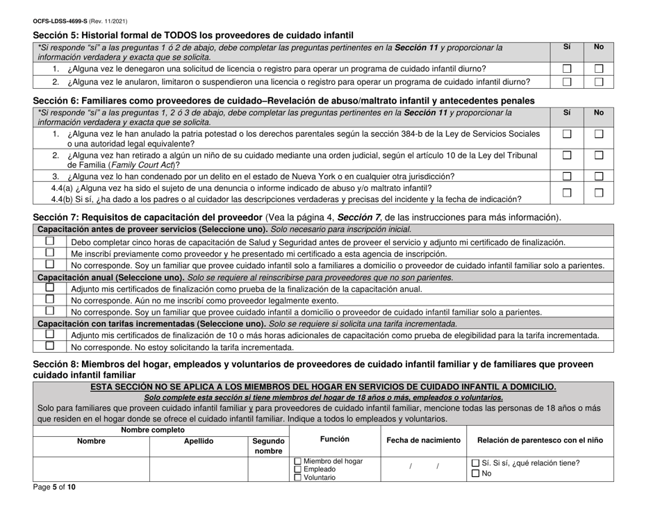 Formulario OCFS-LDSS-4699-S Formulario De Inscripcion Para El Proveedor De Cuidado Infantil a Domicilio Legalmente Exento Y De Cuidado Infantil Familiar Legalmente Exento - New York (Spanish), Page 5