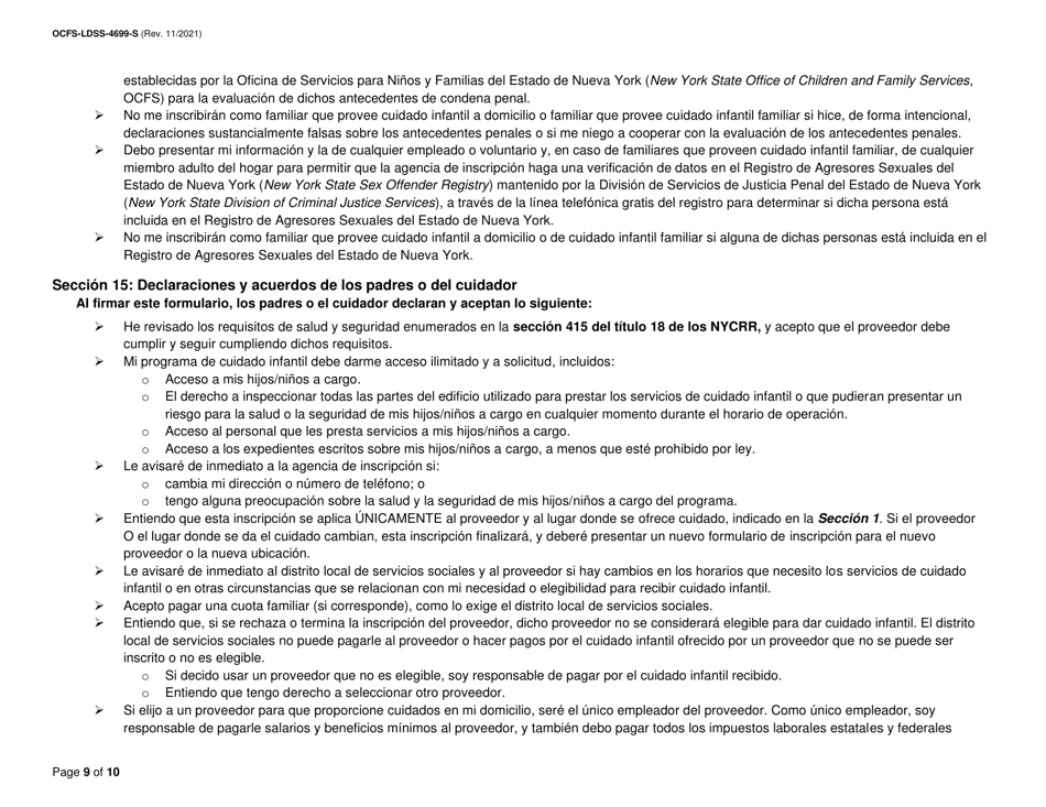 Formulario OCFS-LDSS-4699-S Formulario De Inscripcion Para El Proveedor De Cuidado Infantil a Domicilio Legalmente Exento Y De Cuidado Infantil Familiar Legalmente Exento - New York (Spanish), Page 9