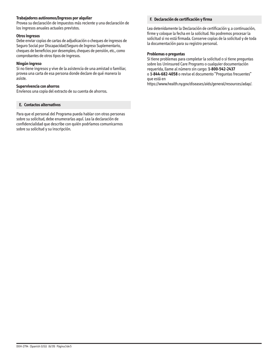 Formulario DOH-2794 Solicitud Para Los Uninsured Care Programs - New York (Spanish), Page 3