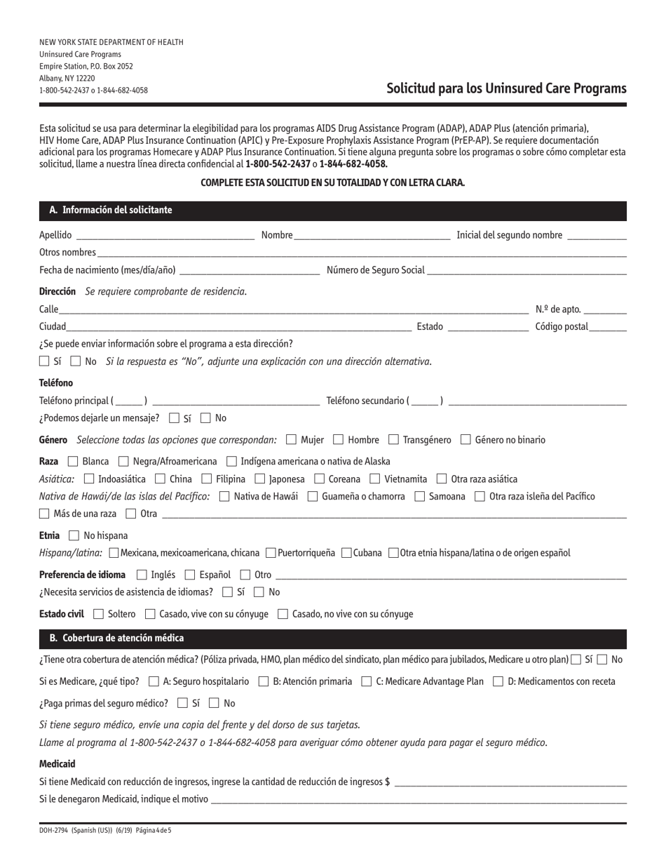 Formulario DOH-2794 Solicitud Para Los Uninsured Care Programs - New York (Spanish), Page 4