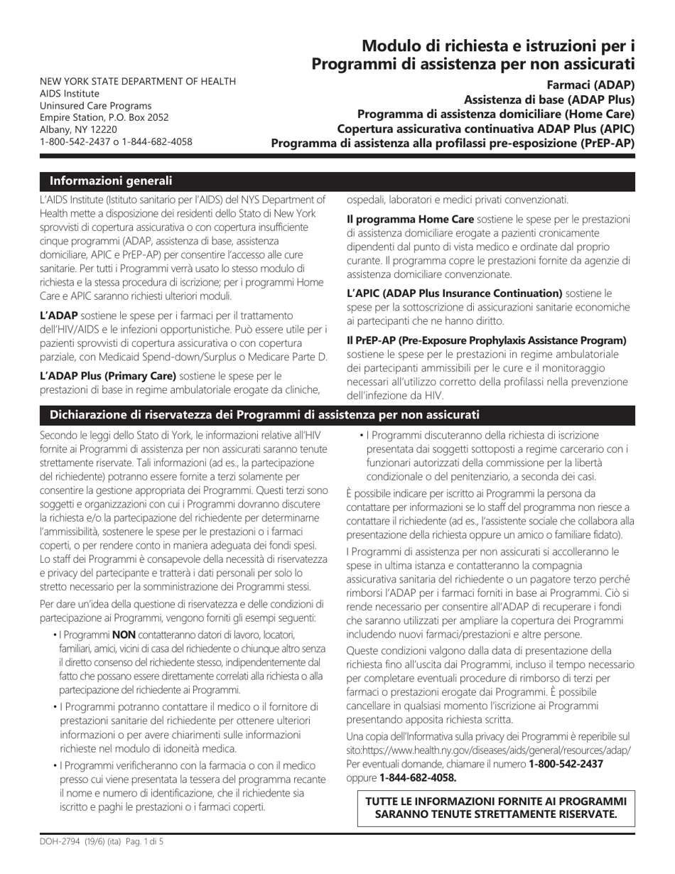 Form DOH-2794 Application for the Uninsured Care Programs - New York (Italian), Page 1