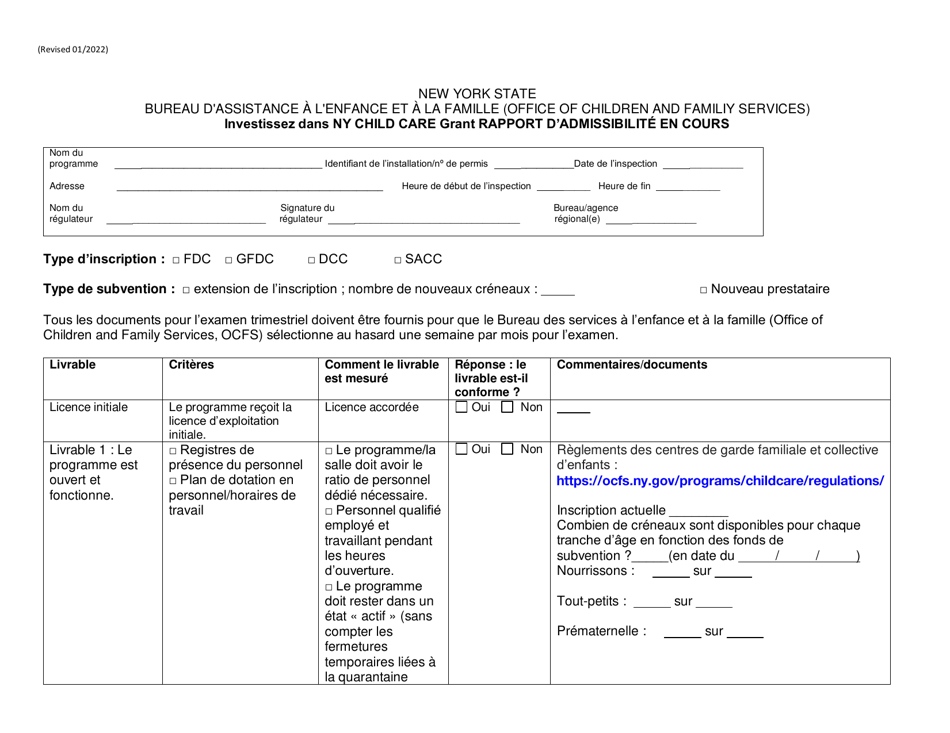 Form RFA-1 Attachment 6 Invest in Ny Child Care Grant on-Going Eligibility Report - New York (French), Page 1