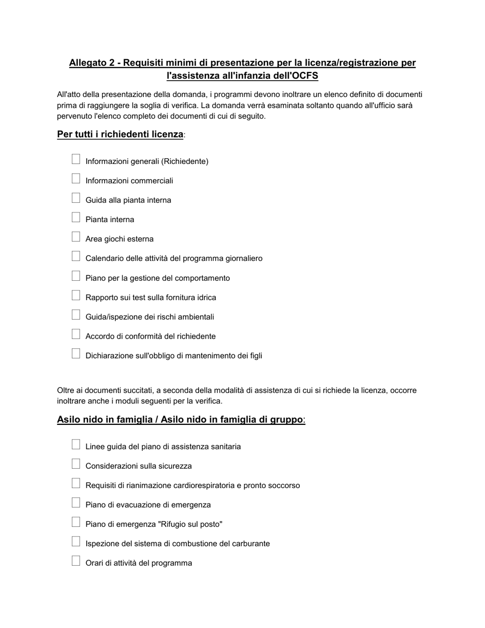 Form RFA-1 Attachment 2 Minimum Submission Requirements for Ocfs Child Care Licensing / Registration - New York (Italian), Page 1