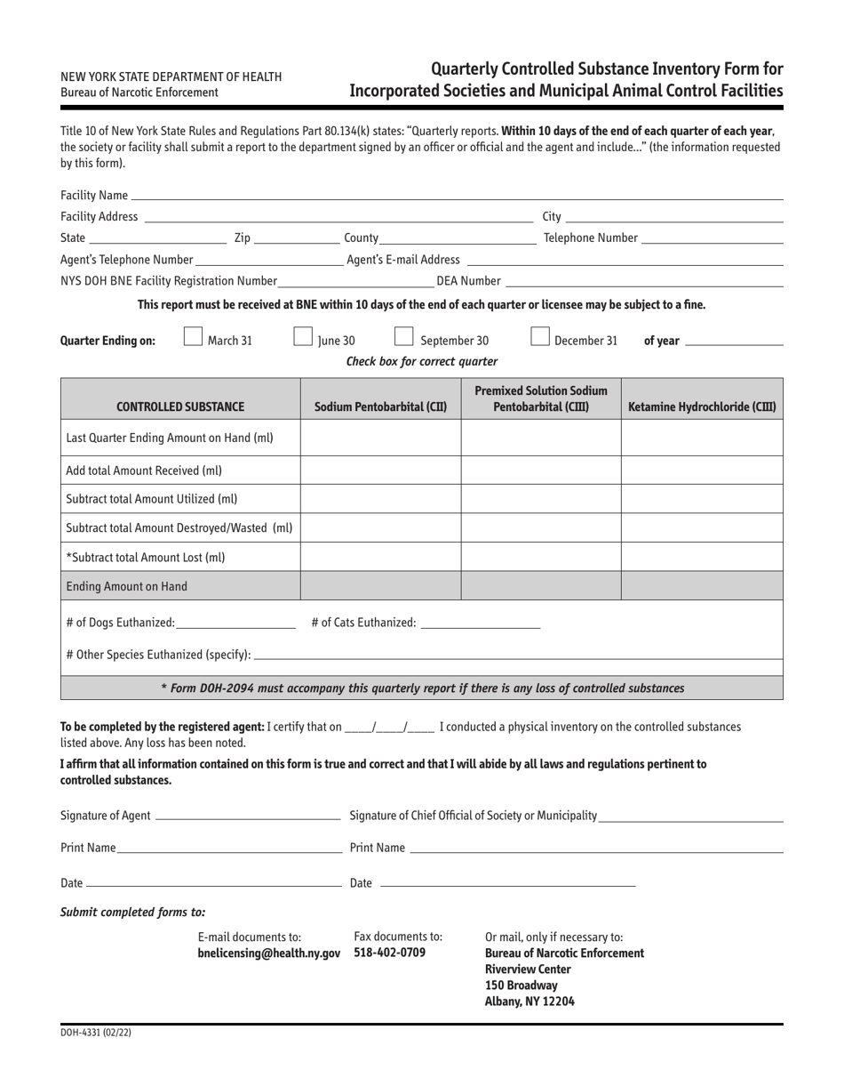 Form DOH-4331 Quarterly Controlled Substance Inventory Form for Incorporated Societies and Municipal Animal Control Facilities - New York, Page 1