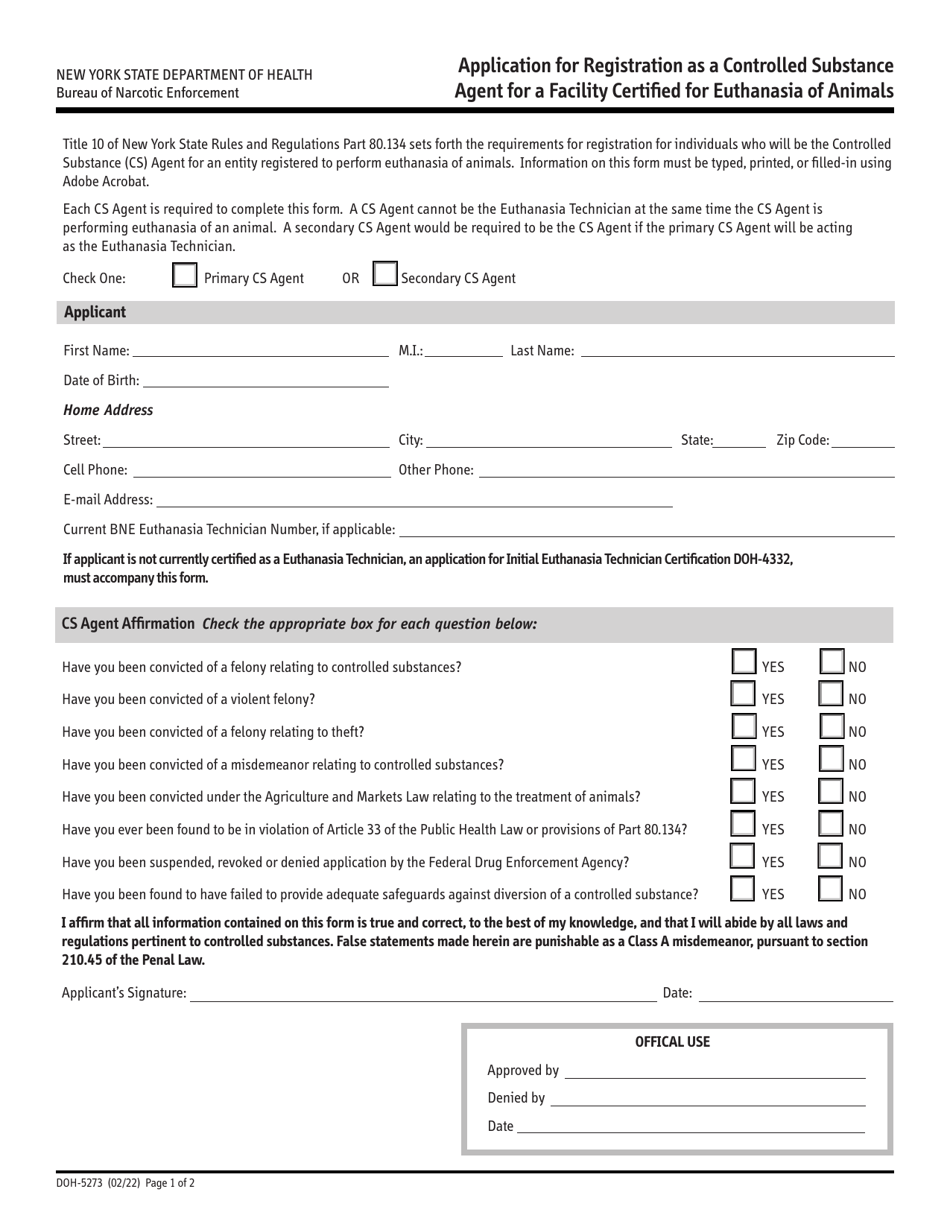 Form DOH-5273 Application for Registration as a Controlled Substance Agent for a Facility Certified for Euthanasia of Animals - New York, Page 1