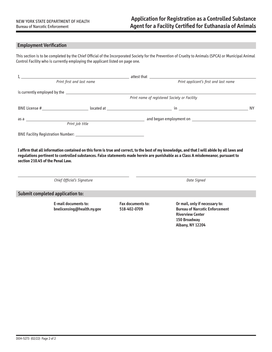 Form DOH-5273 Application for Registration as a Controlled Substance Agent for a Facility Certified for Euthanasia of Animals - New York, Page 2