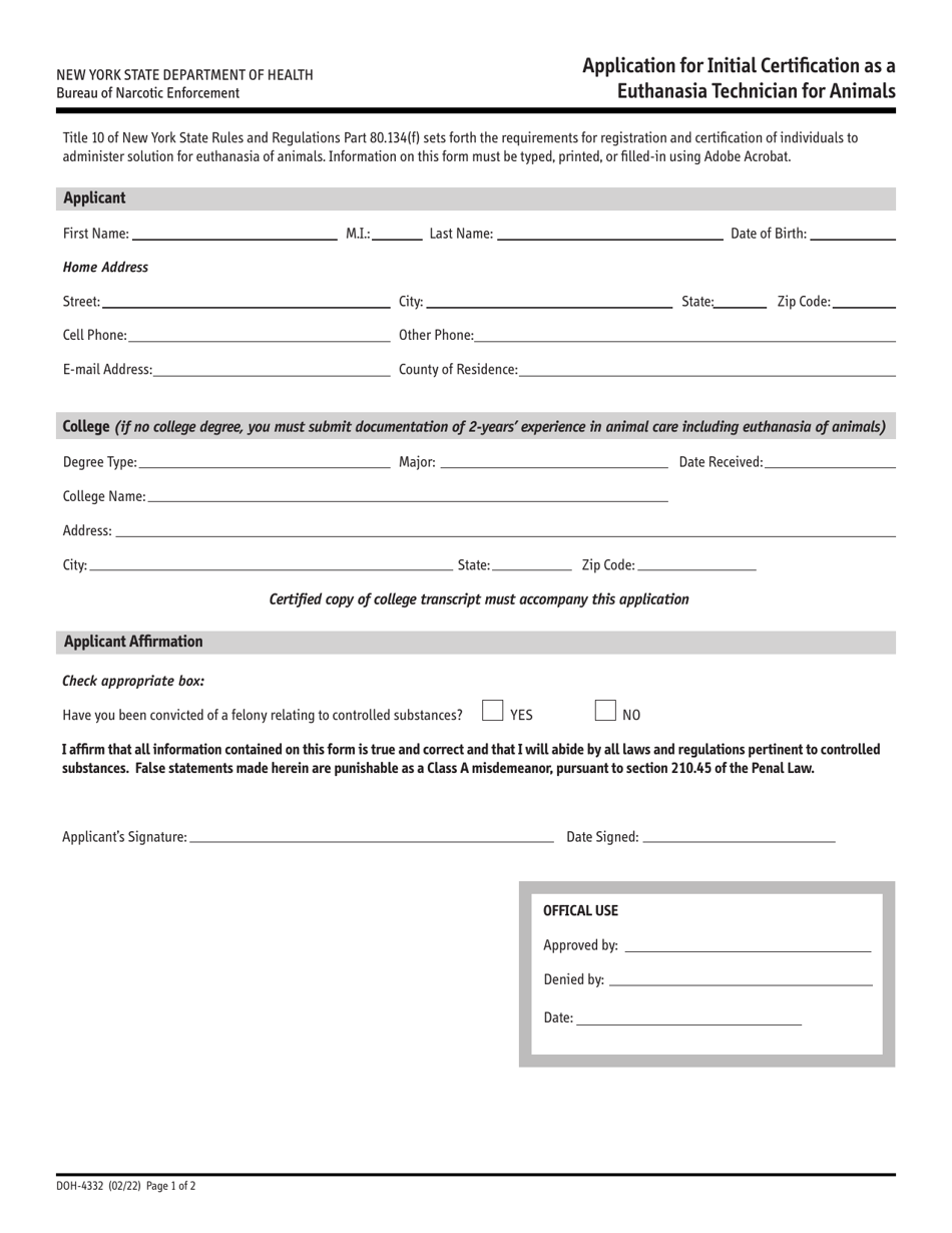 Form DOH-4332 Application for Initial Certification as a Euthanasia Technician for Animals - New York, Page 1