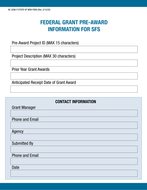 Form AC3286-P Federal Grant Pre-award Information for Sfs - New York