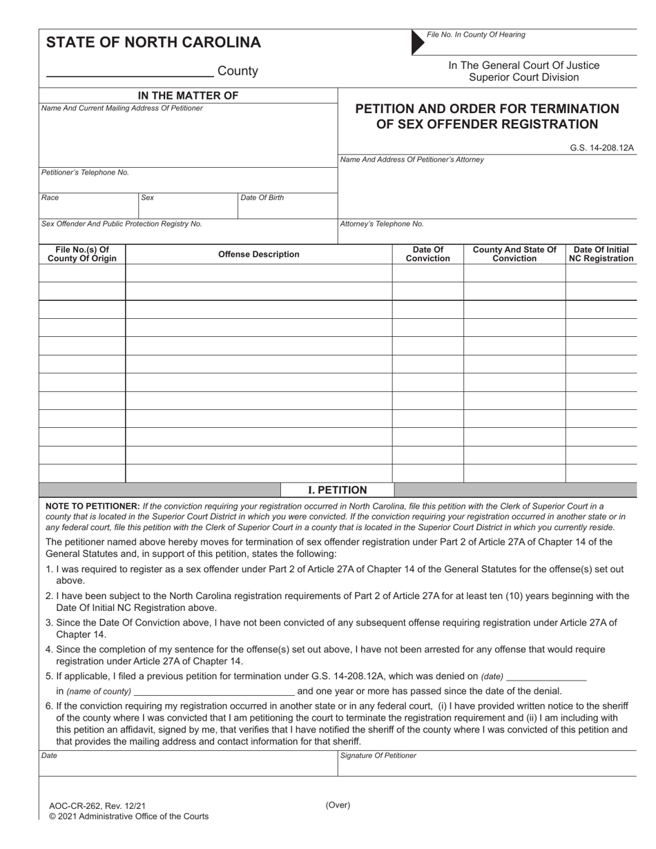 Form AOC-CR-262 Petition and Order for Termination of Sex Offender Registration - North Carolina, Page 1