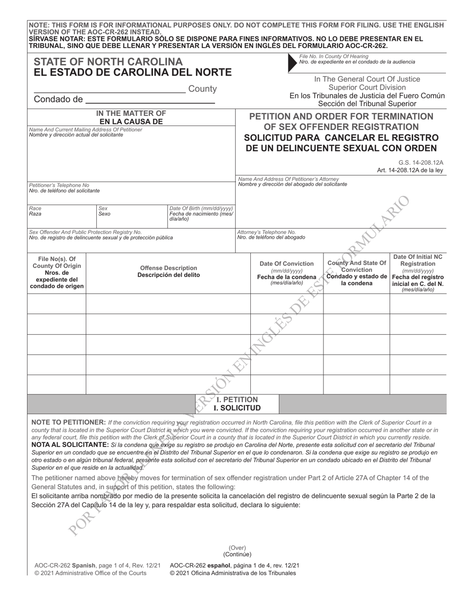 Form AOC-CR-262 Petition and Order for Termination of Sex Offender Registration - North Carolina (English / Spanish), Page 1