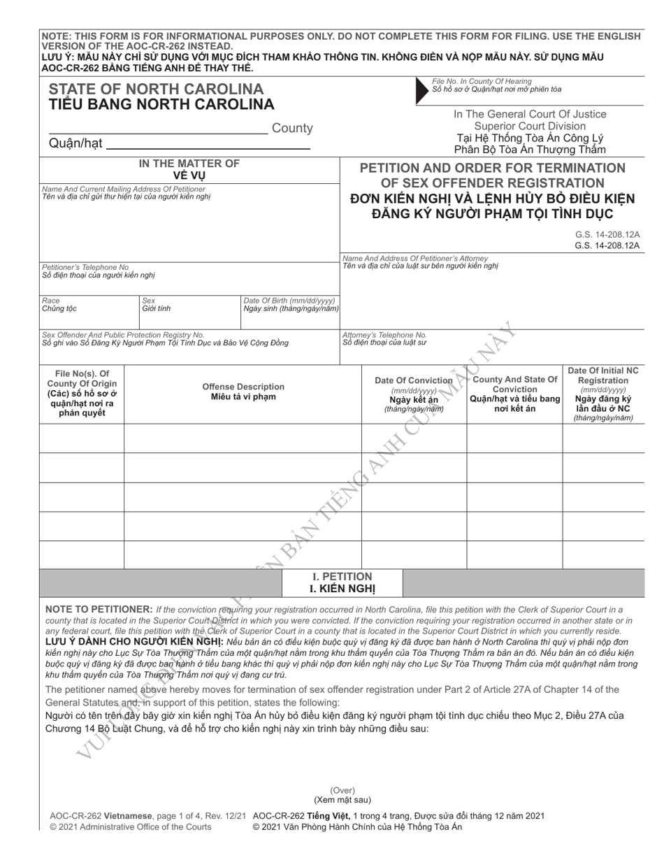 Form AOC-CR-262 Petition and Order for Termination of Sex Offender Registration - North Carolina (English / Vietnamese), Page 1