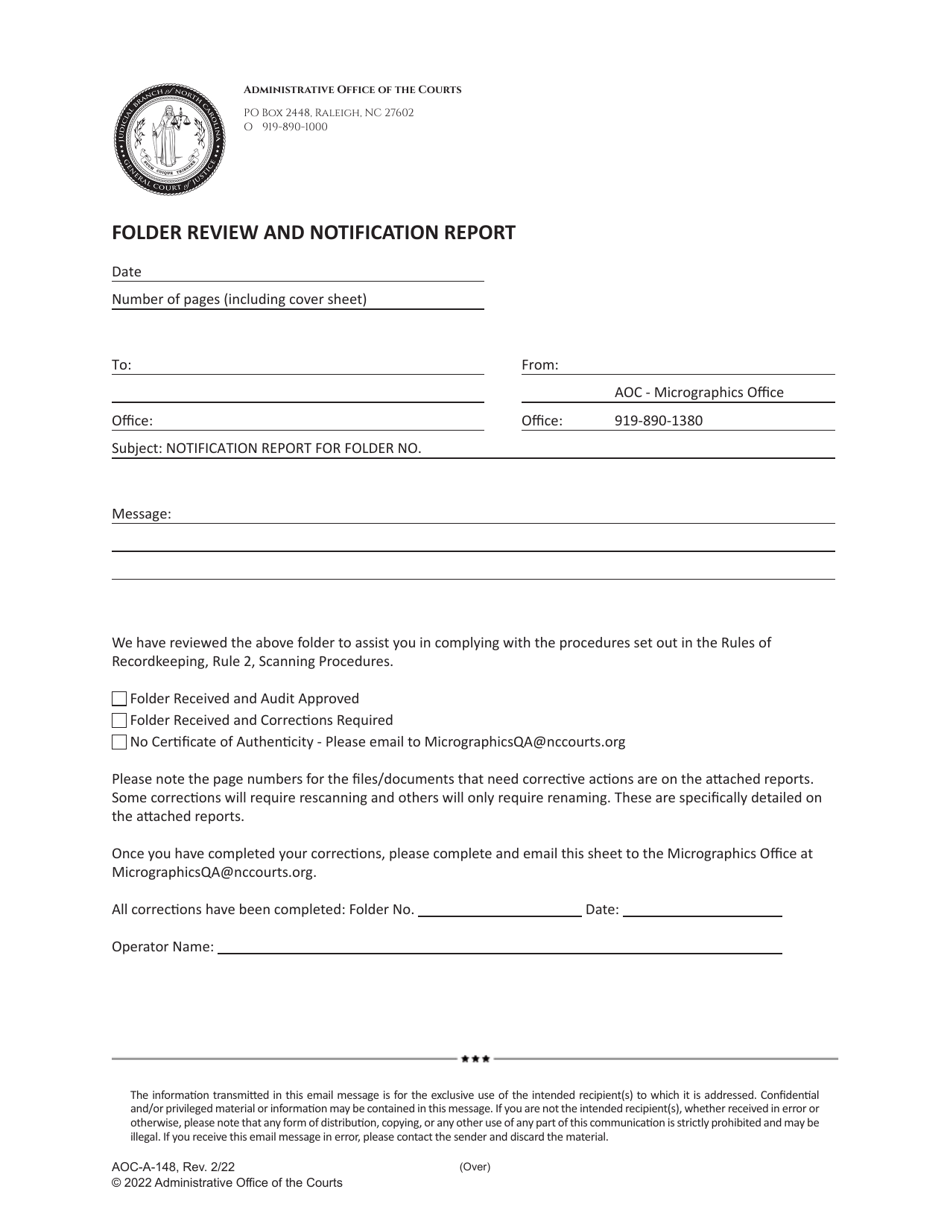 Form AOC-A-148 Folder Review and Notification Report - North Carolina, Page 1
