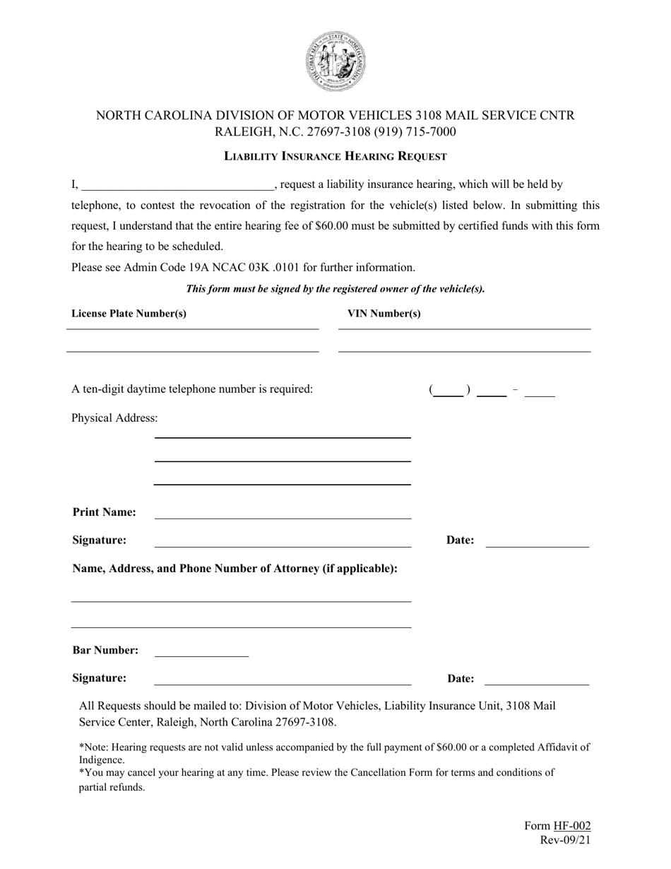 Form HF-002 Liability Insurance Hearing Request - North Carolina, Page 1