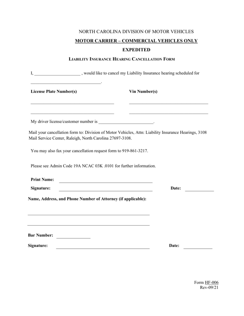 Form HF-006 Expedited Liability Insurance Hearing Cancellation for Motor Carriers - North Carolina