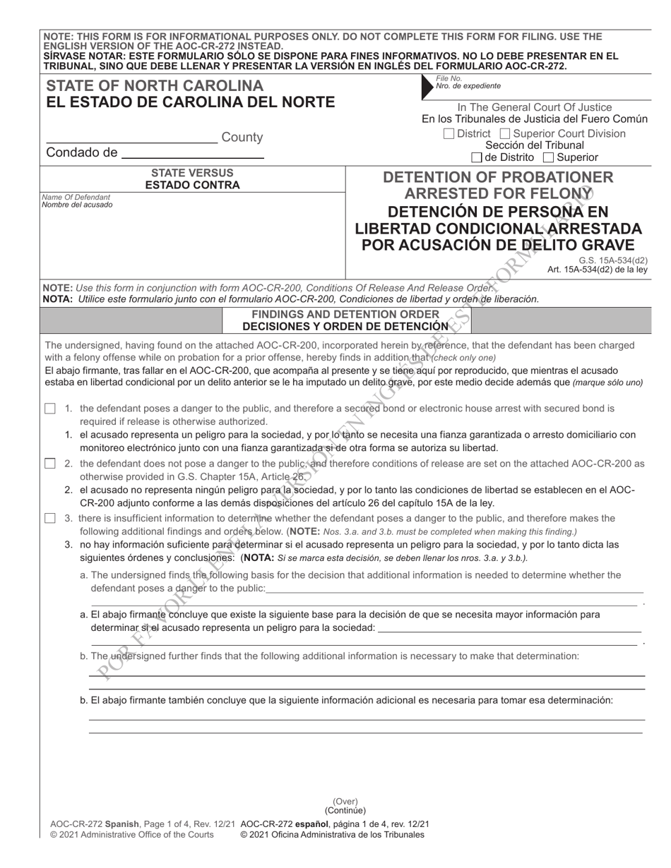 Form AOC-CR-272 Detention of Probationer Arrested for Felony - North Carolina (English / Spanish), Page 1