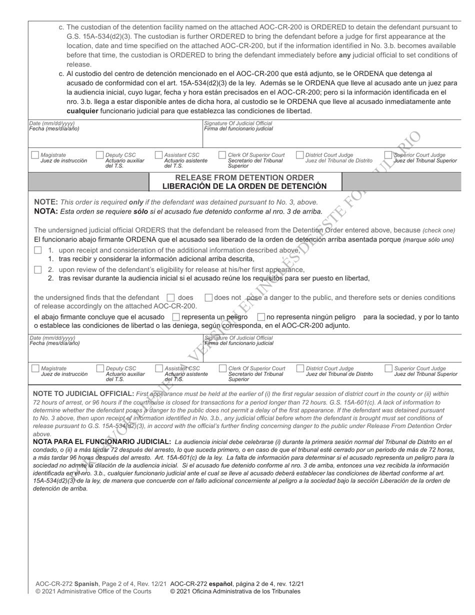 Form AOC-CR-272 Detention of Probationer Arrested for Felony - North Carolina (English / Spanish), Page 2