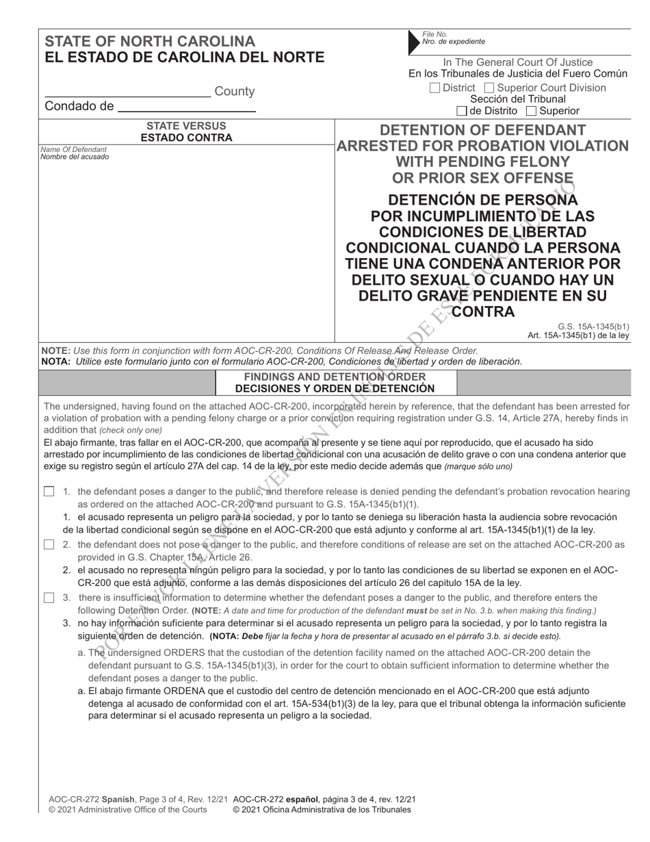 Form AOC-CR-272 Detention of Probationer Arrested for Felony - North Carolina (English / Spanish), Page 3