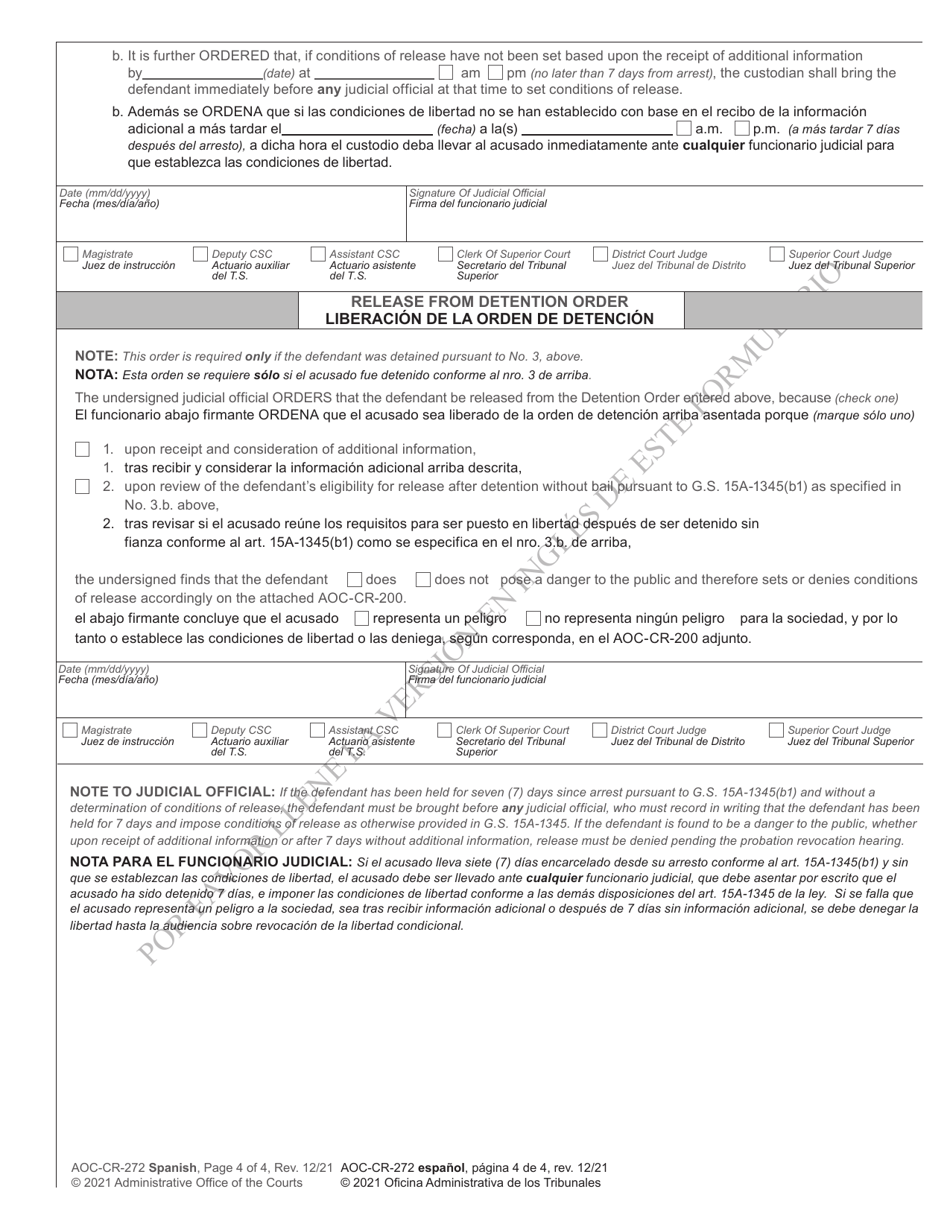Form AOC-CR-272 Detention of Probationer Arrested for Felony - North Carolina (English / Spanish), Page 4