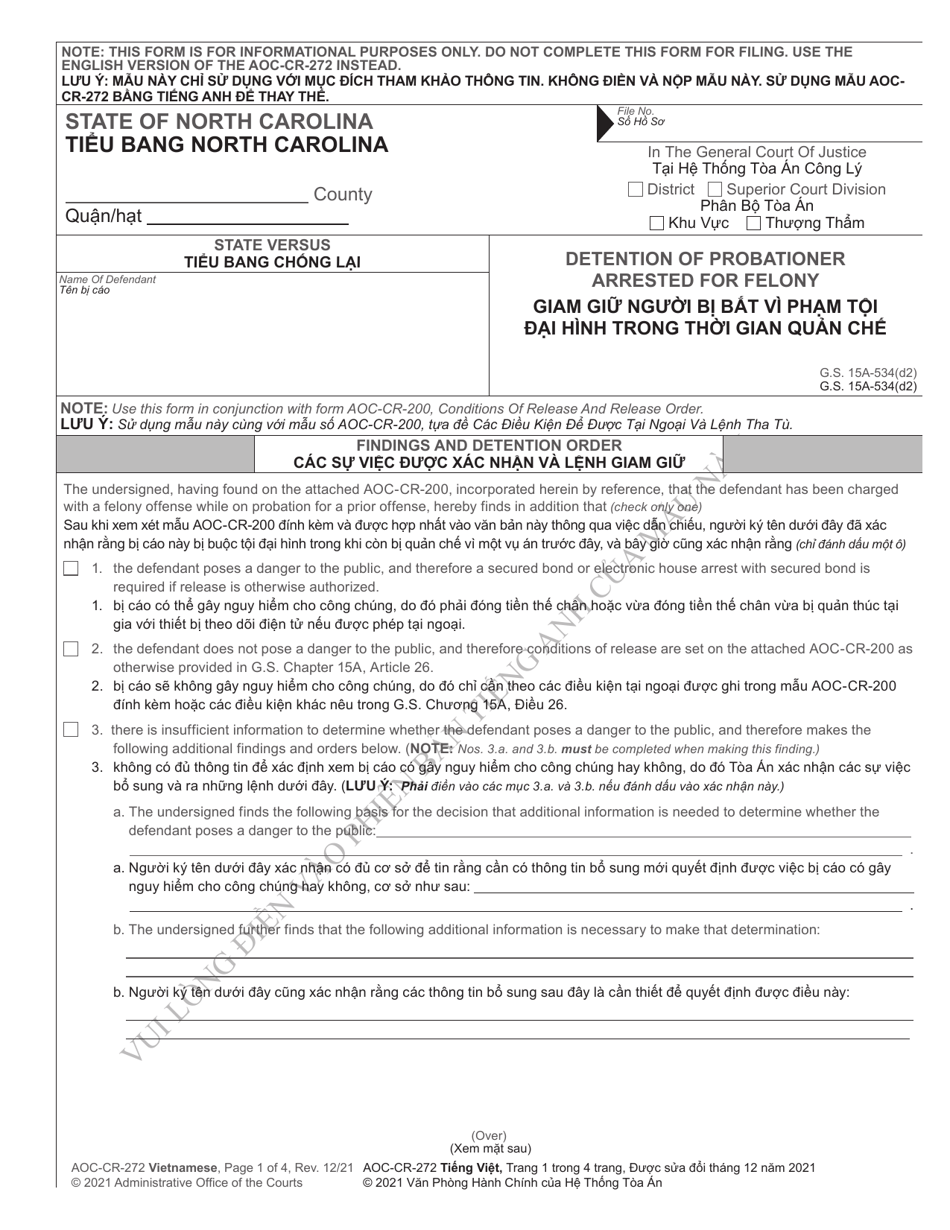 Form AOC-CR-272 Detention of Probationer Arrested for Felony - North Carolina (English / Vietnamese), Page 1