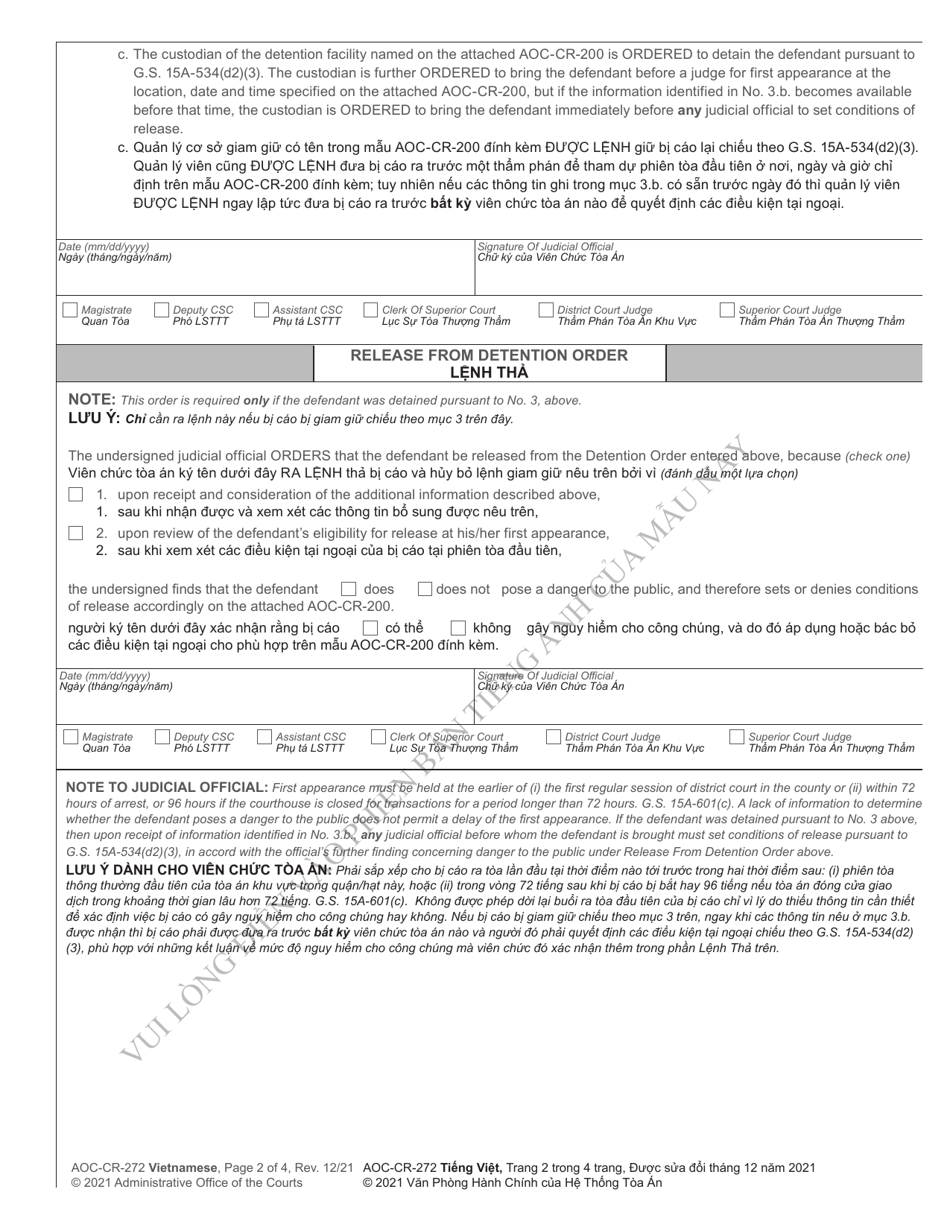 Form AOC-CR-272 Detention of Probationer Arrested for Felony - North Carolina (English / Vietnamese), Page 2