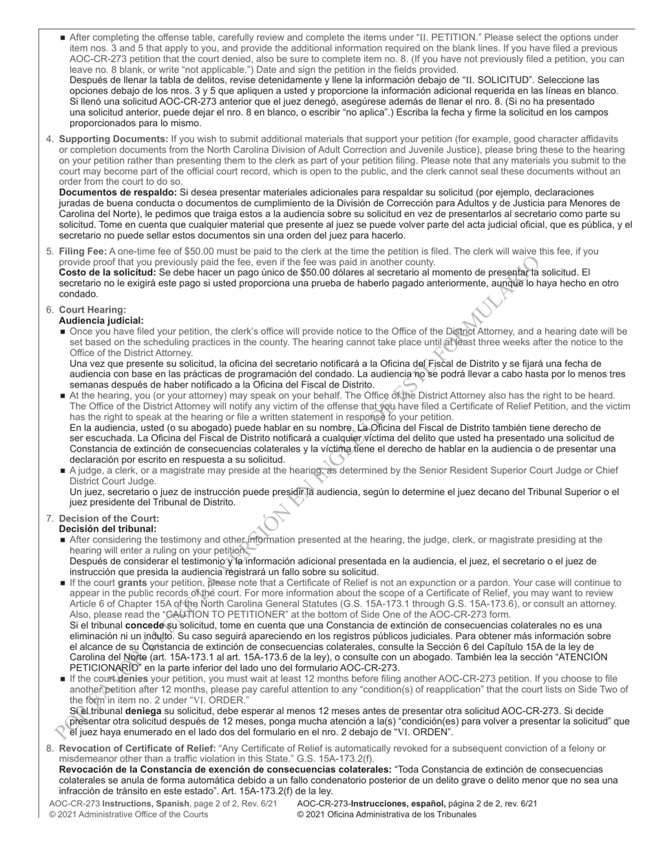 Instructions for Form AOC-CR-273 Certificate of Relief Petition and Order - North Carolina (English / Spanish), Page 2