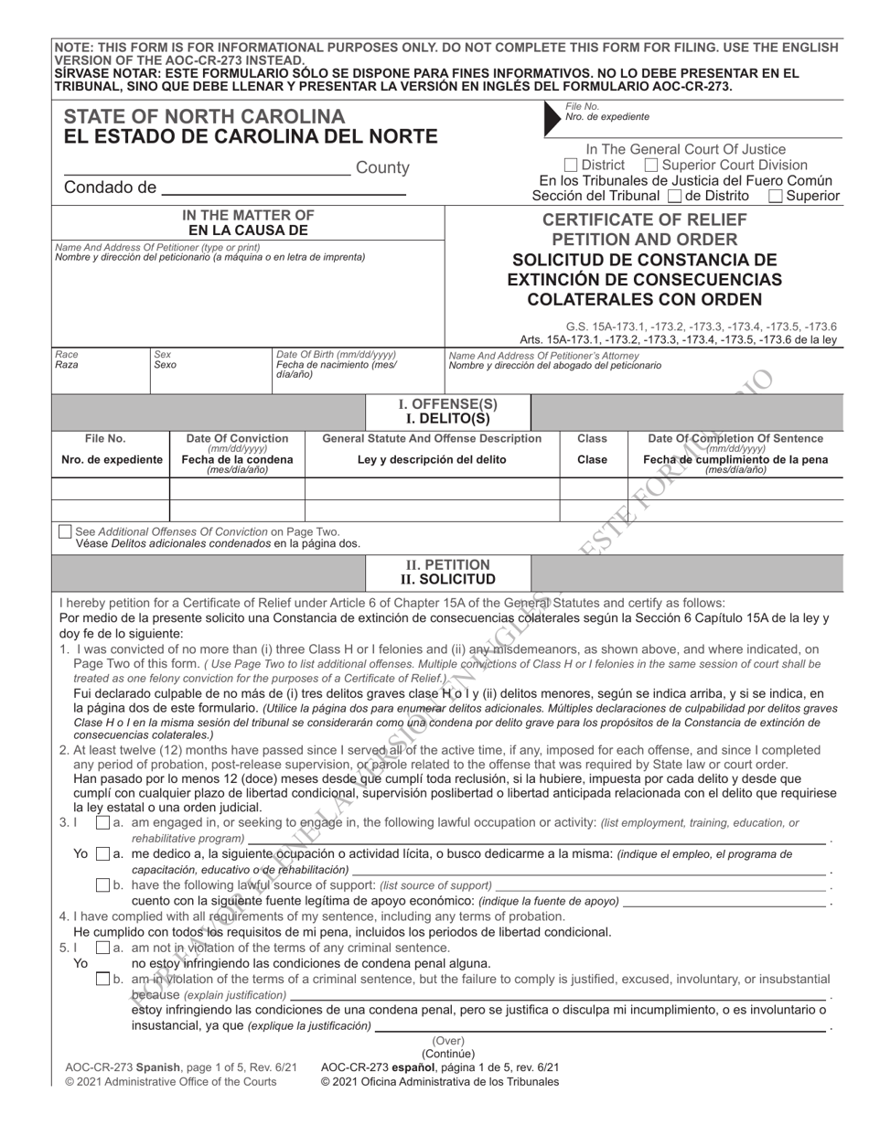 Form AOC-CR-273 Certificate of Relief Petition and Order - North Carolina (English / Spanish), Page 1